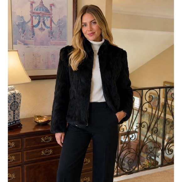 Wilsons Suede & Leather Jackets & Blazers - Vintage Wilson Black Dyed Rabbit Fur Jacket Cropped Stand Collar Medium